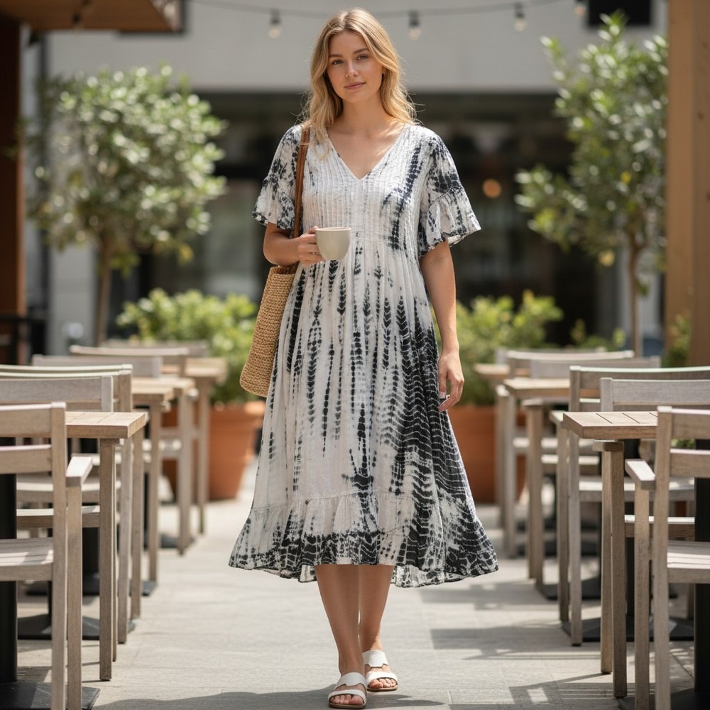 Soft Surroundings Tie Dye Cotton Midi Dress Black White 2X Flutter Sleeve